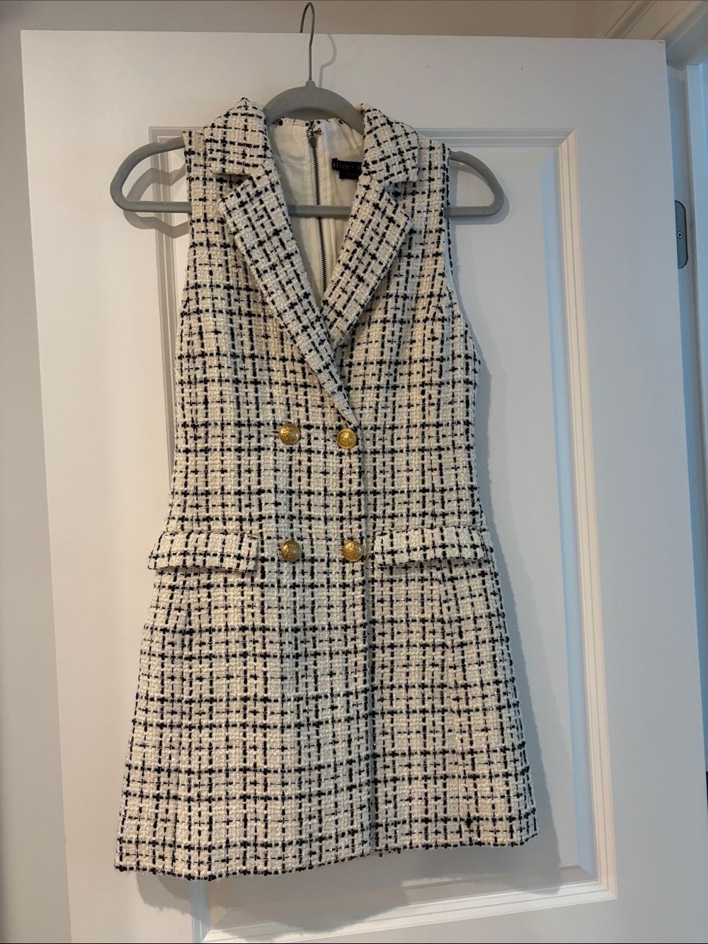 Alice + Olivia White and Black Tweed Sleeveless Blazer Dress